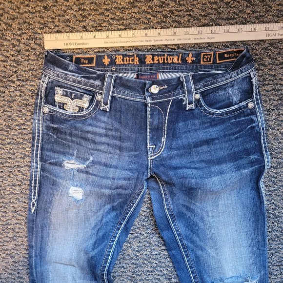 Rock Revival Fay Easy Boot Distressed Jeans Size 27 Rhinestone Pocket Bling - Picture 9 of 13